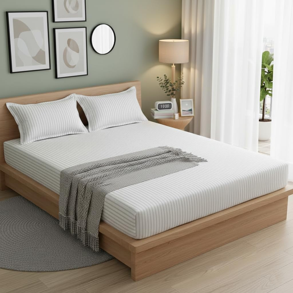 Premium Queen Size White Bedsheet | 250 TC Soft Cotton | Plain Satin Stripes